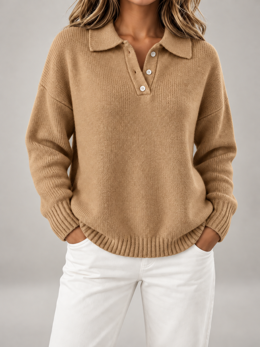 Women's Button Polo Jumper | Collared Relaxed Knit Sweater