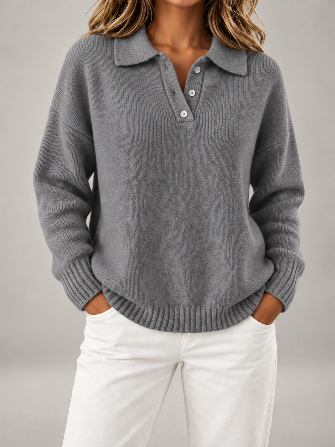 Women's Button Polo Jumper | Collared Relaxed Knit Sweater