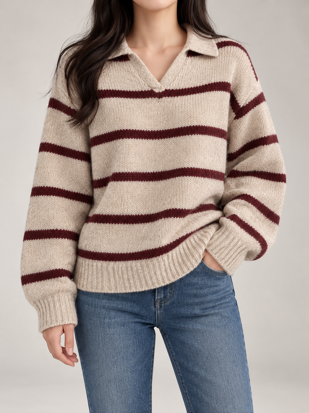 Women's Striped Collared Jumper | Open Neck Relaxed Knit