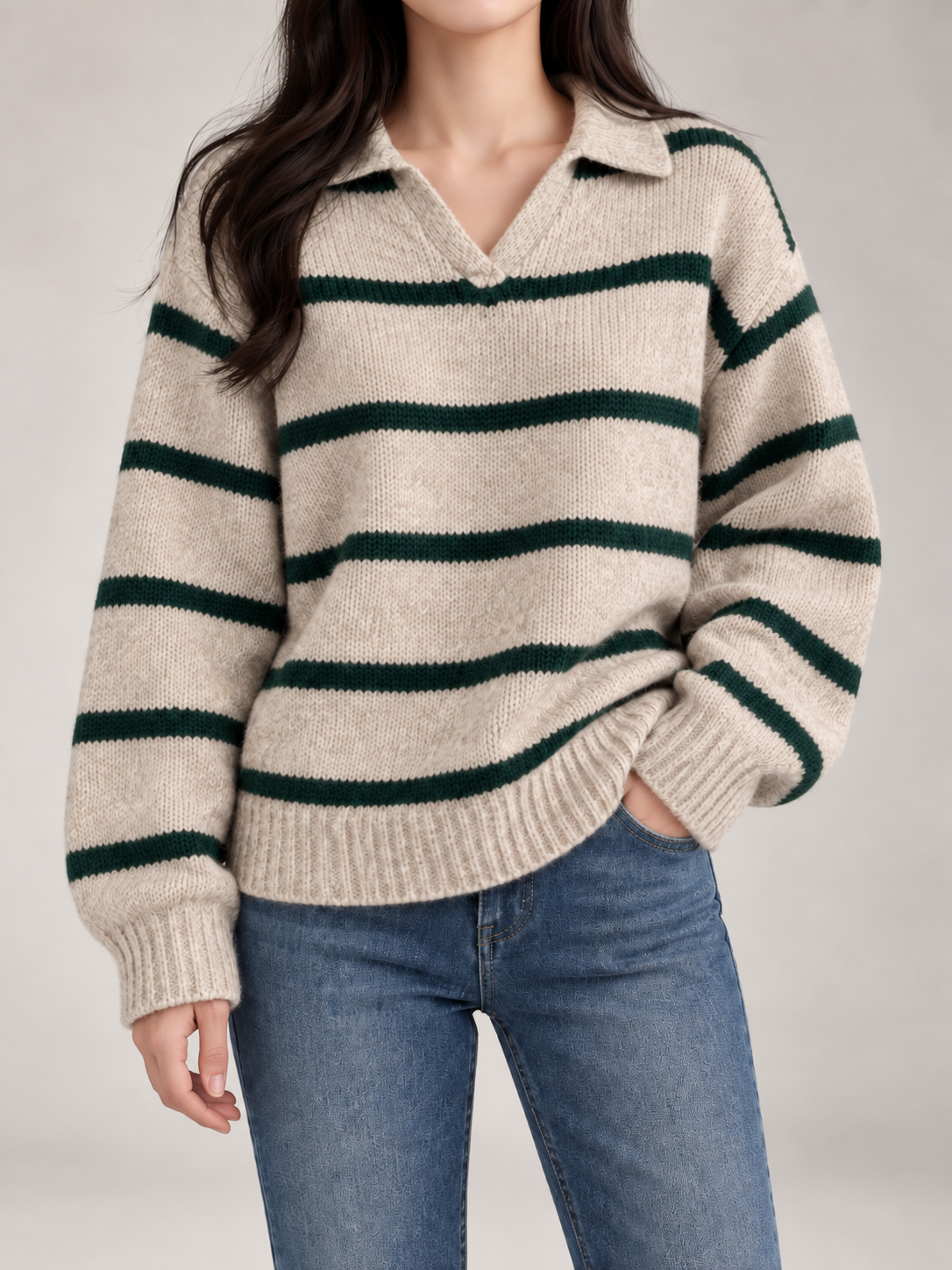 Women's Striped Collared Jumper | Open Neck Relaxed Knit