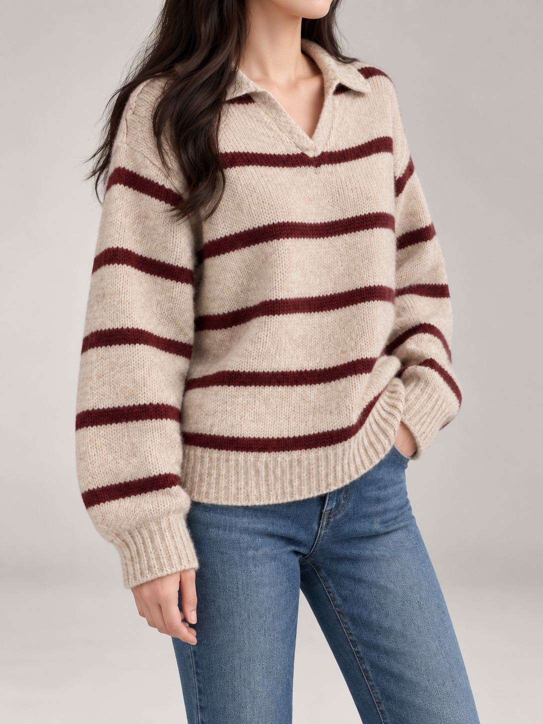Women's Striped Collared Jumper | Open Neck Relaxed Knit