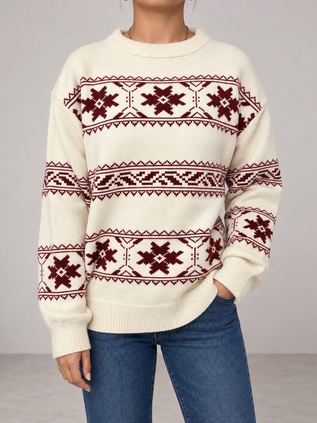 Women's Fair Isle Snowflake Jumper | Crew Neck Winter Knit