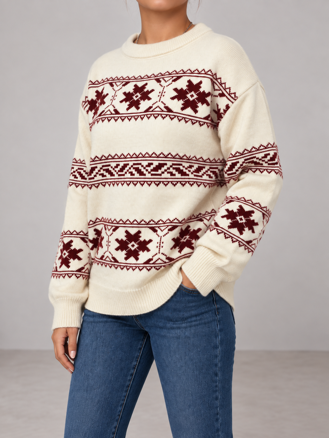 Women's Fair Isle Snowflake Jumper | Crew Neck Winter Knit
