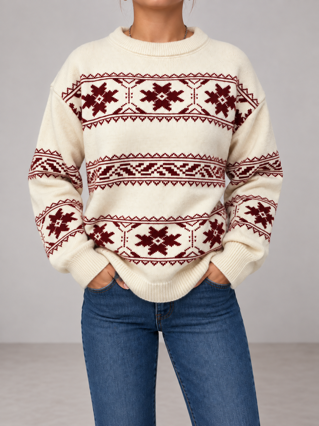 Women's Fair Isle Snowflake Jumper | Crew Neck Winter Knit