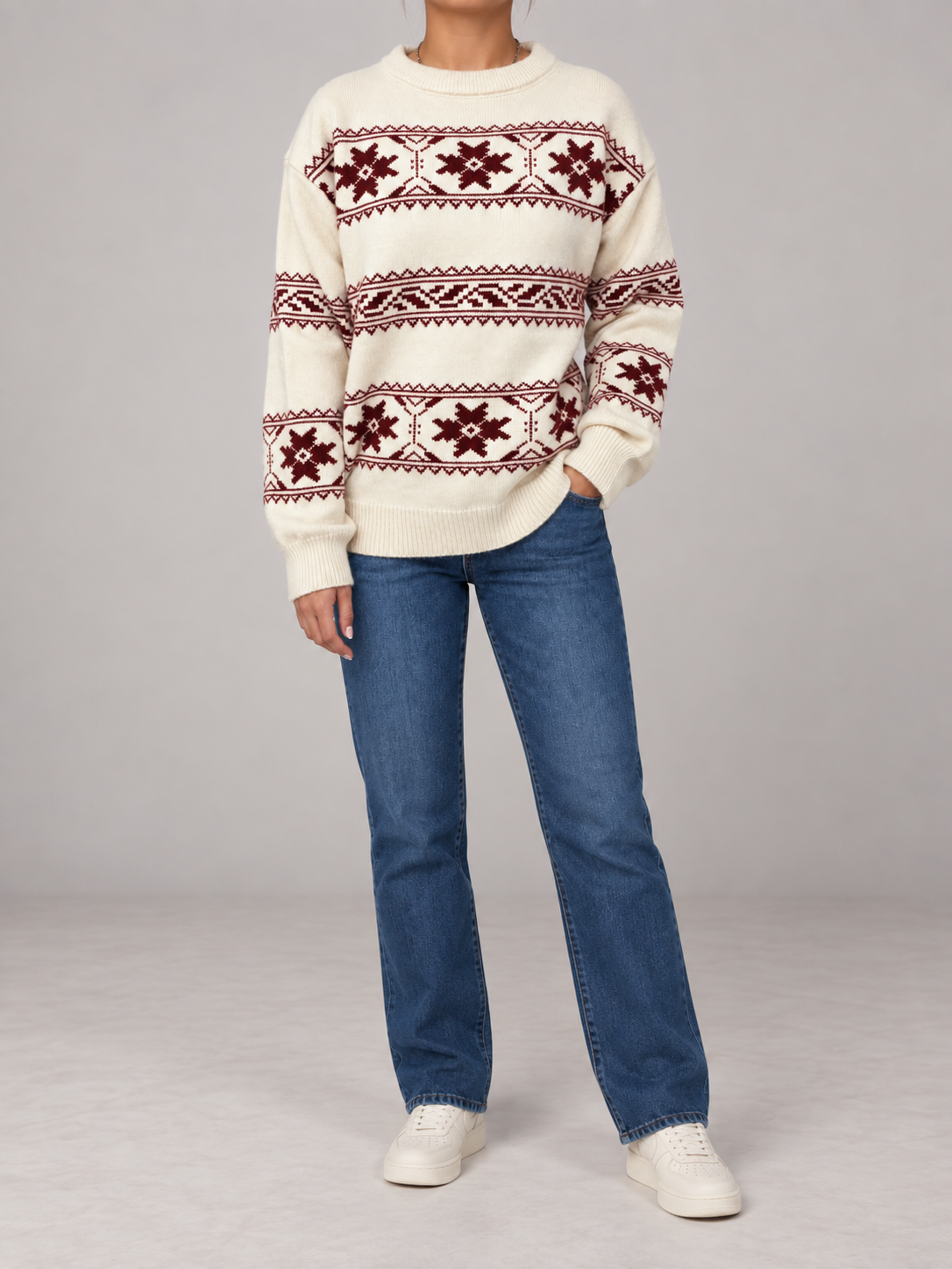 Women's Fair Isle Snowflake Jumper | Crew Neck Winter Knit