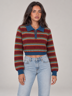 Women's Cropped Striped Polo Jumper | Quarter Zip Retro Knit
