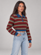 Women's Cropped Striped Polo Jumper | Quarter Zip Retro Knit