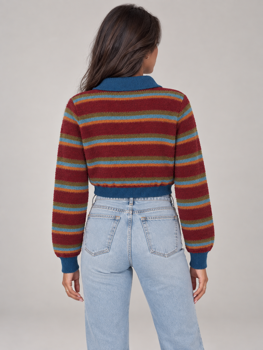 Women's Cropped Striped Polo Jumper | Quarter Zip Retro Knit