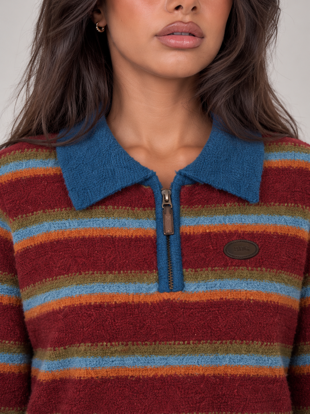 Women's Cropped Striped Polo Jumper | Quarter Zip Retro Knit