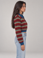 Women's Cropped Striped Polo Jumper | Quarter Zip Retro Knit