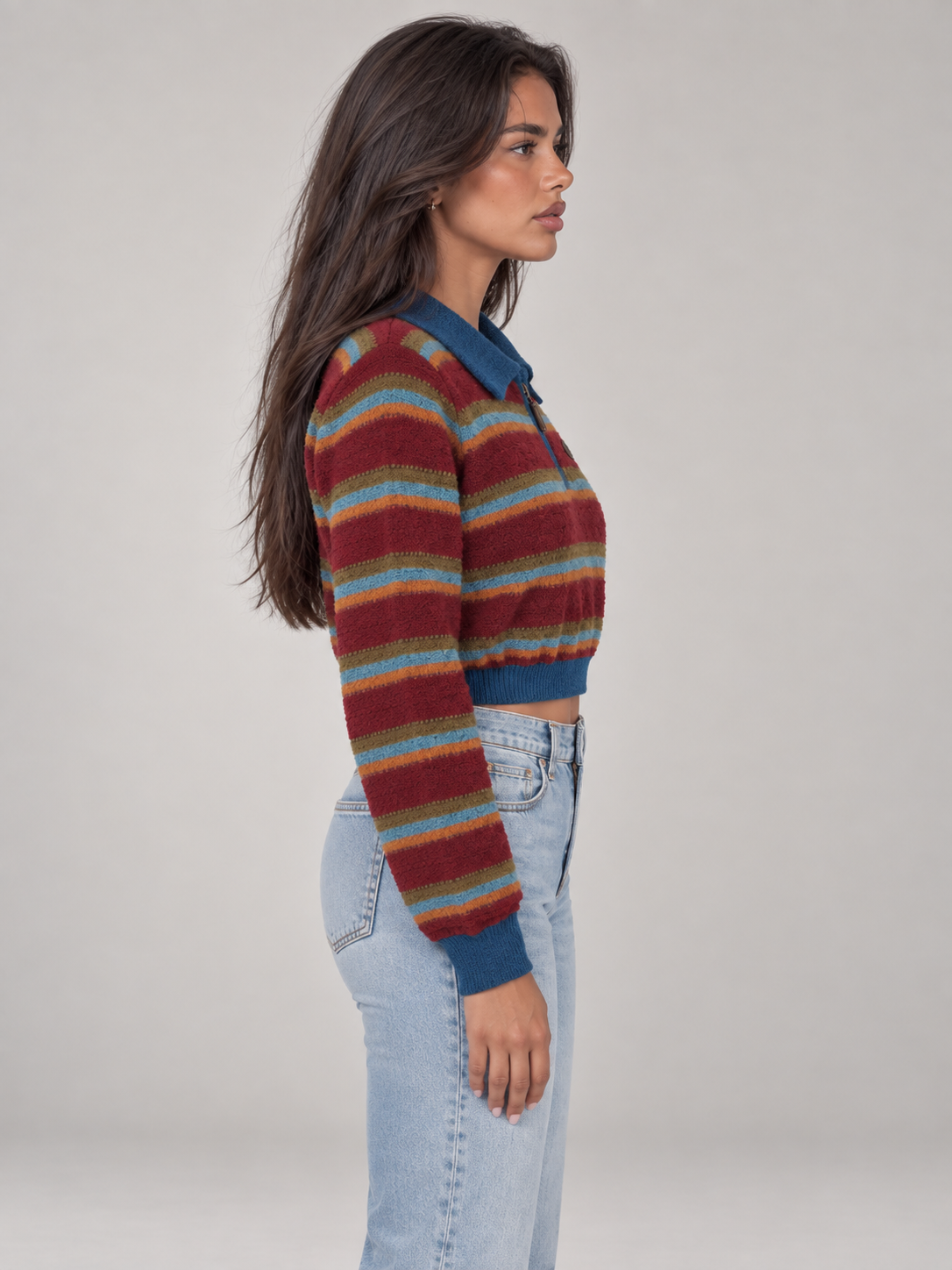 Women's Cropped Striped Polo Jumper | Quarter Zip Retro Knit