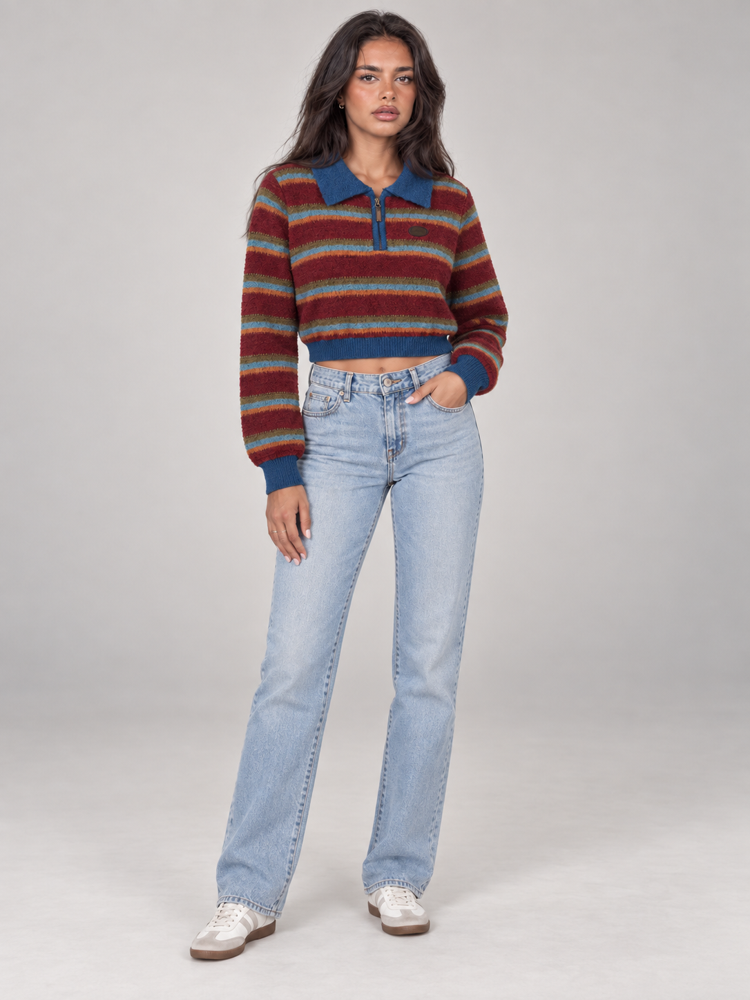 Women's Cropped Striped Polo Jumper | Quarter Zip Retro Knit