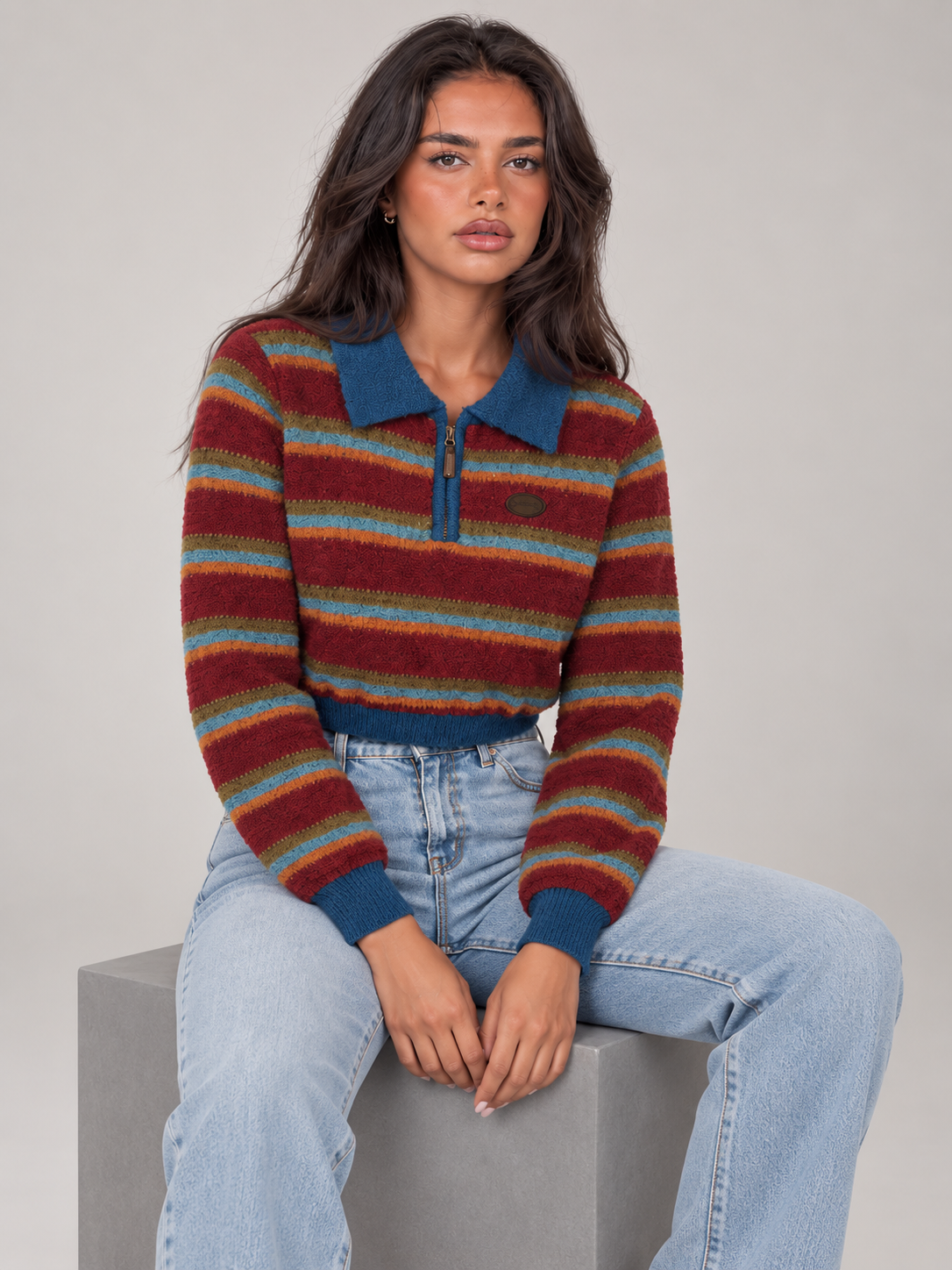 Women's Cropped Striped Polo Jumper | Quarter Zip Retro Knit