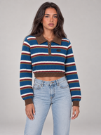 Women's Cropped Striped Polo Jumper | Quarter Zip Retro Knit