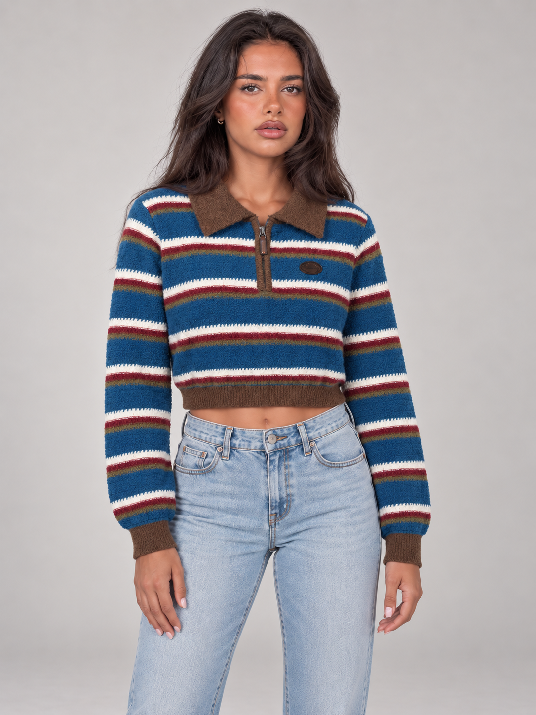Women's Cropped Striped Polo Jumper | Quarter Zip Retro Knit