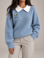 Women's Contrast Collar Jumper | Embroidered Crew Neck Knit