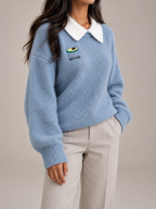 Women's Contrast Collar Jumper | Embroidered Crew Neck Knit