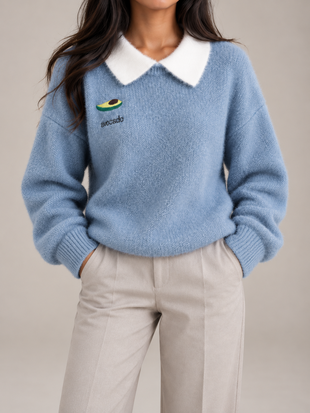 Women's Contrast Collar Jumper | Embroidered Crew Neck Knit
