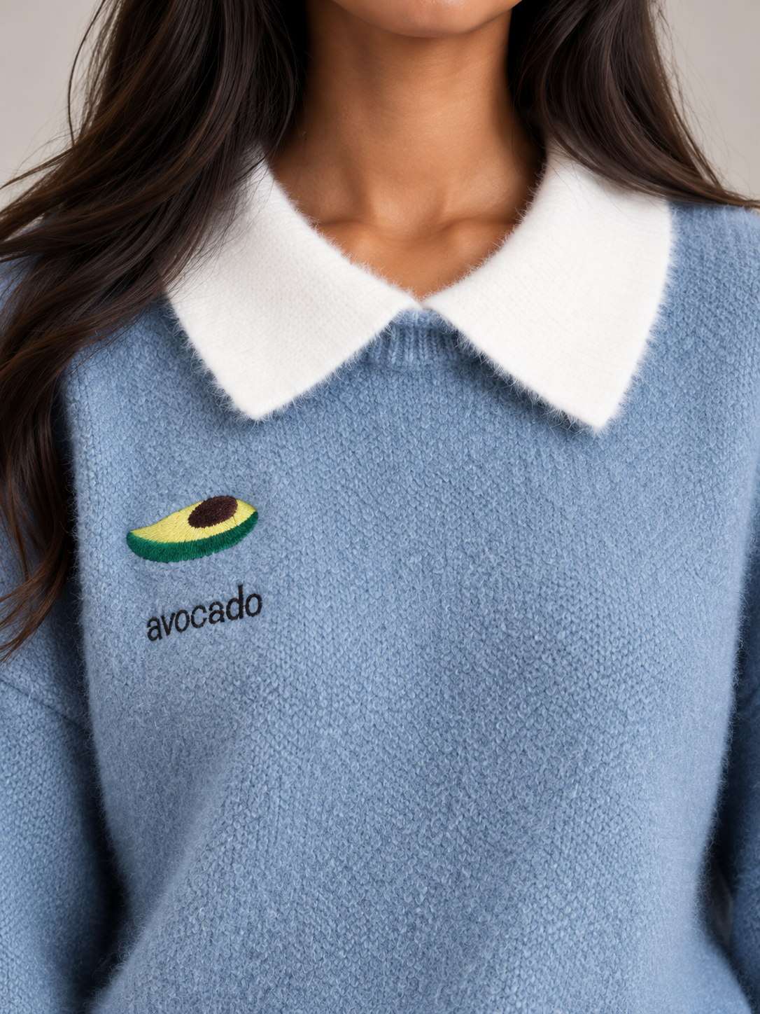 Women's Contrast Collar Jumper | Embroidered Crew Neck Knit
