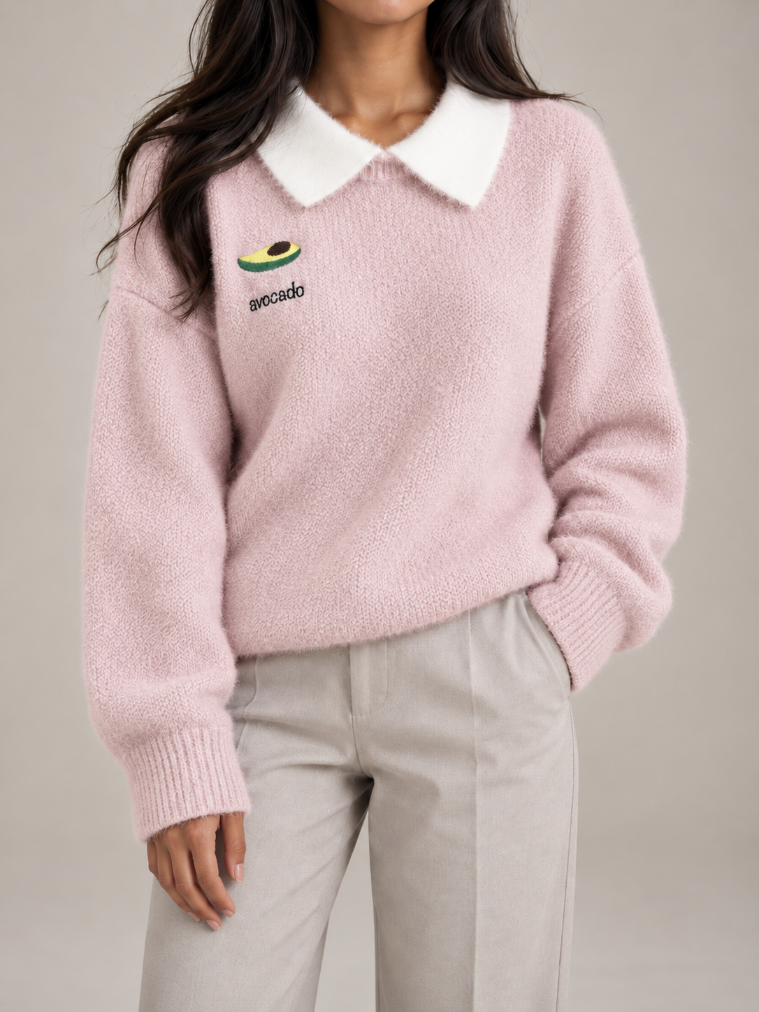 Women's Contrast Collar Jumper | Embroidered Crew Neck Knit