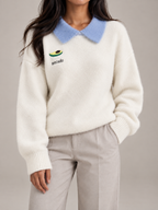 Women's Contrast Collar Jumper | Embroidered Crew Neck Knit