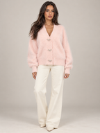 Women's Fluffy Knit Cardigan | Bow Button V-Neck Sweater