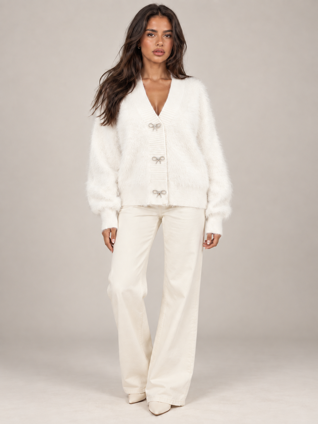 Women's Fluffy Knit Cardigan | Bow Button V-Neck Sweater