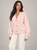 Women's Fluffy Knit Cardigan | Bow Button V-Neck Sweater