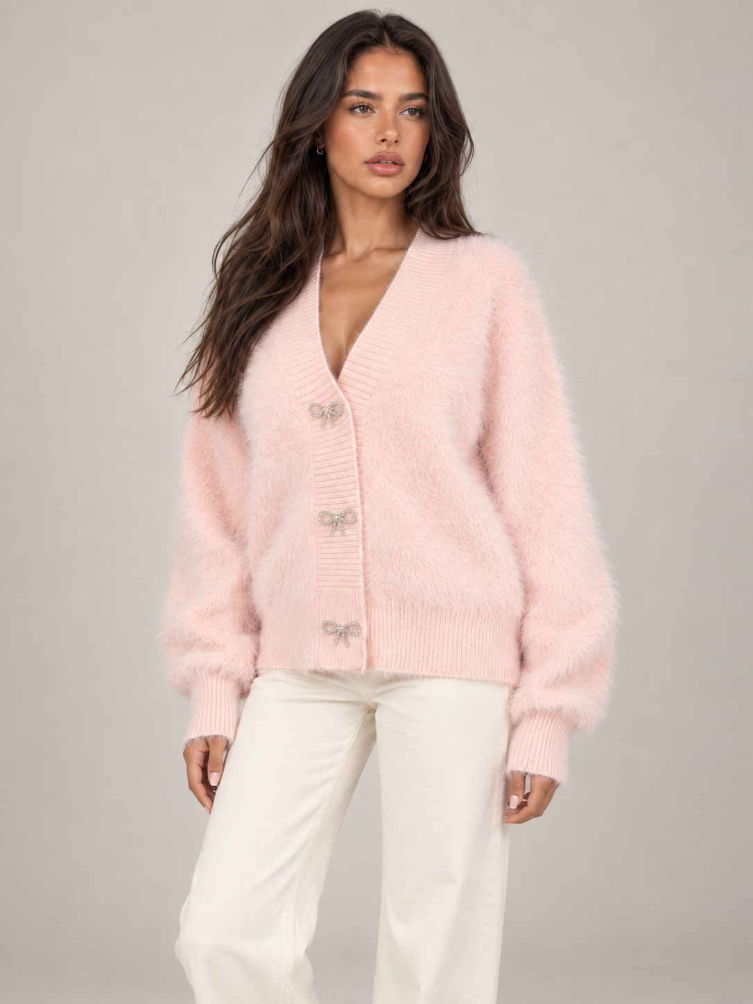 Women's Fluffy Knit Cardigan | Bow Button V-Neck Sweater