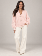 Women's Fluffy Knit Cardigan | Bow Button V-Neck Sweater