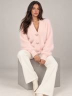 Women's Fluffy Knit Cardigan | Bow Button V-Neck Sweater