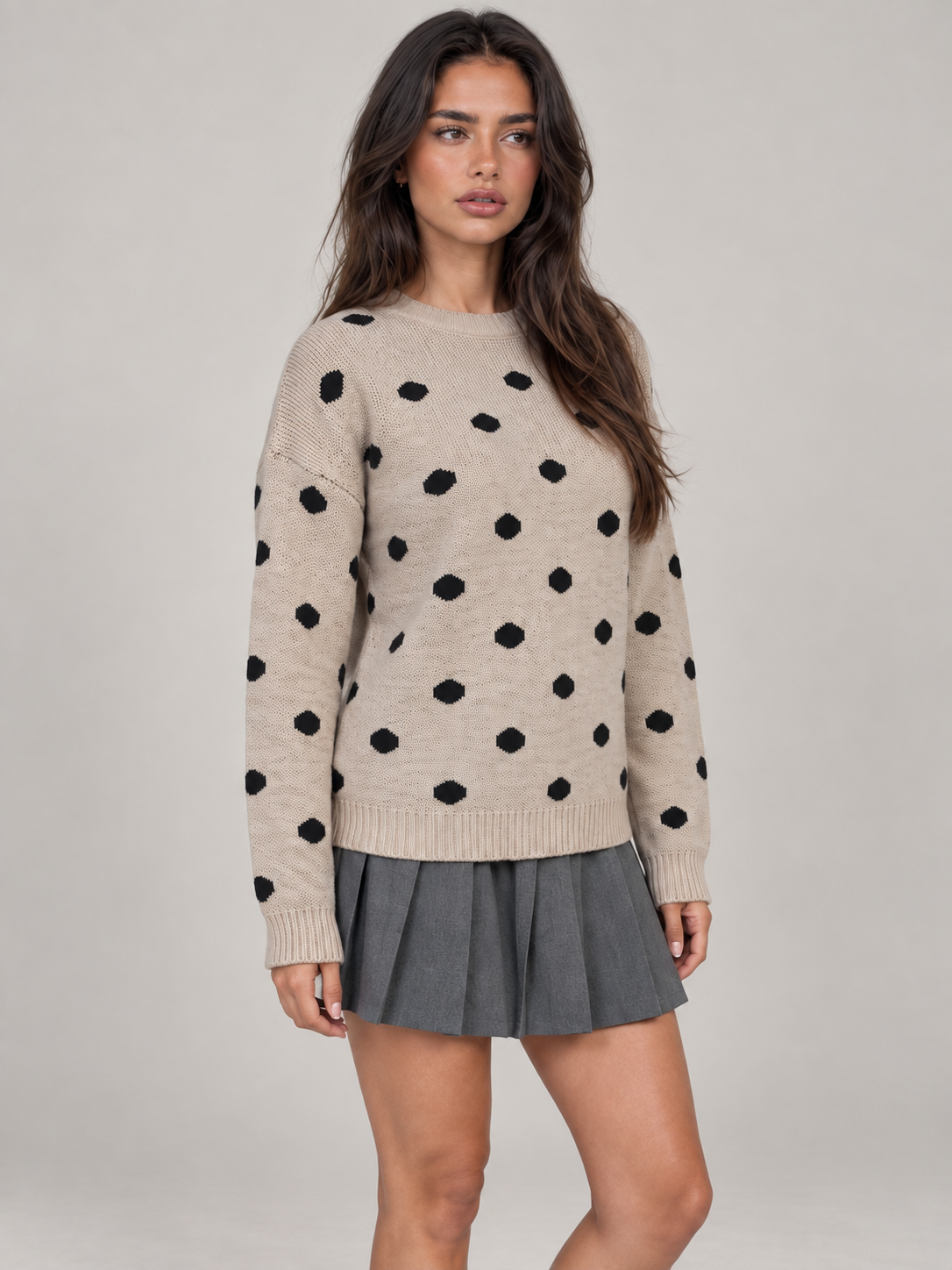 Women's Polka Dot Knit Jumper | Oversized Crew Neck Sweater