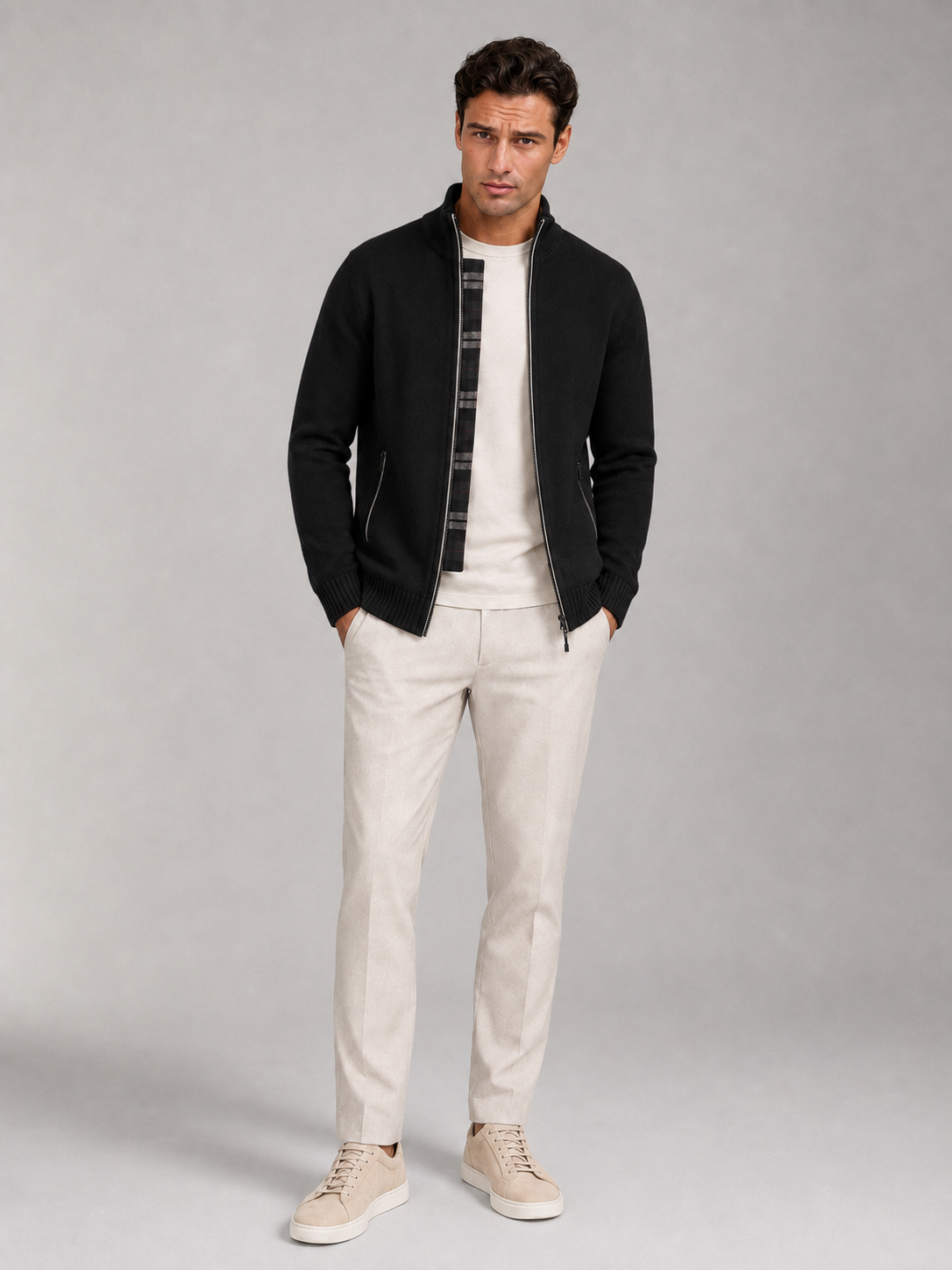Men's Full-Zip Knit Cardigan With Stand Collar