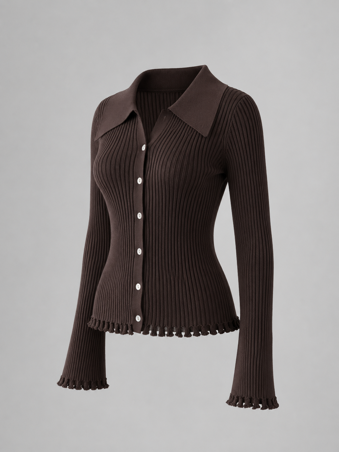 Women's Ribbed Knit Button Cardigan | Fluted Cuff Collared Top