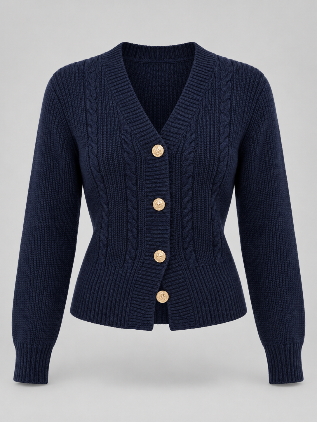 Women's Cable Knit Button Cardigan | Gold Button V-Neck Preppy Knit