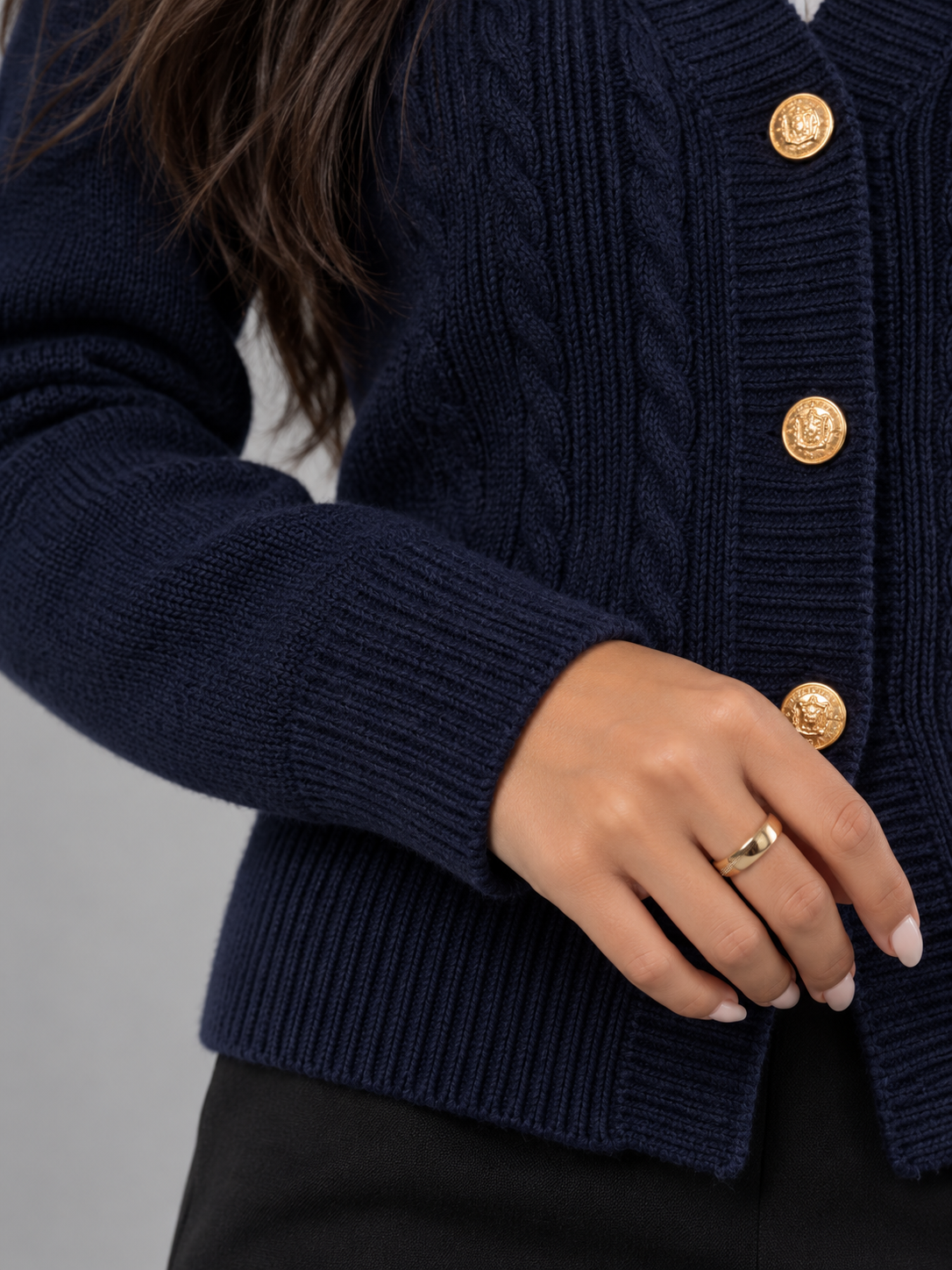 Women's Cable Knit Button Cardigan | Gold Button V-Neck Preppy Knit