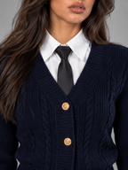 Women's Cable Knit Button Cardigan | Gold Button V-Neck Preppy Knit
