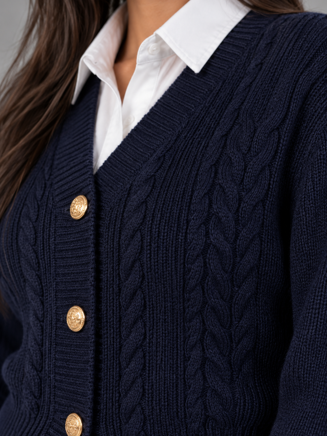 Women's Cable Knit Button Cardigan | Gold Button V-Neck Preppy Knit