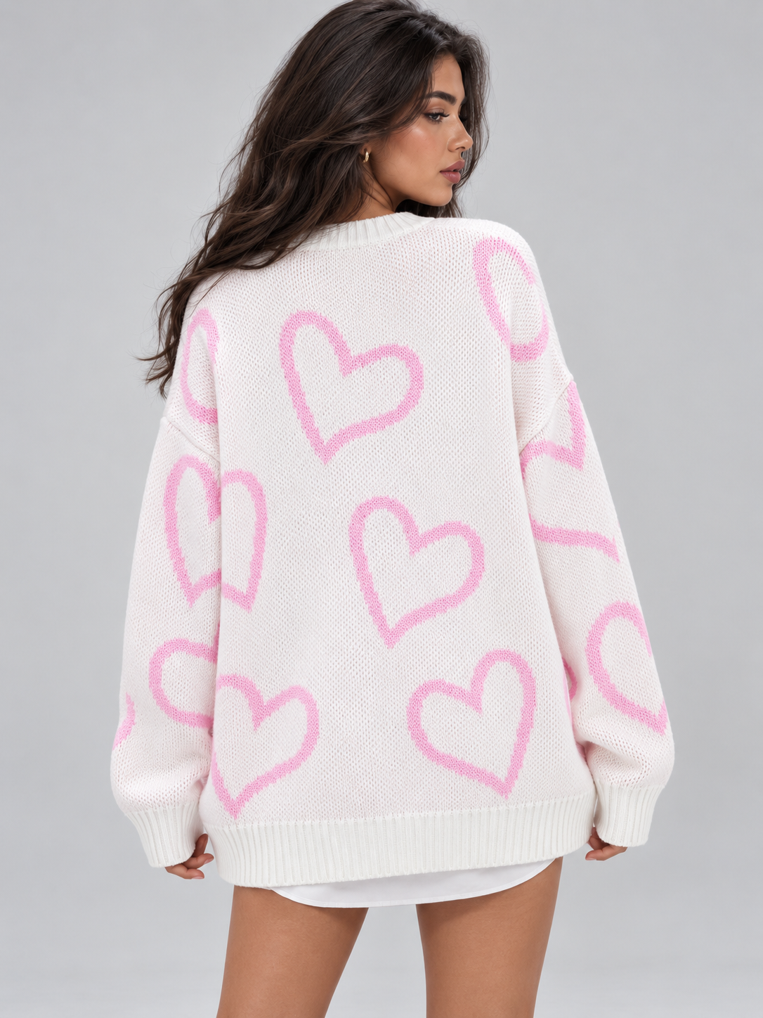 Women's Heart Print Oversized Jumper | Slouchy Crew Neck Knit