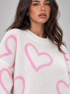 Women's Heart Print Oversized Jumper | Slouchy Crew Neck Knit