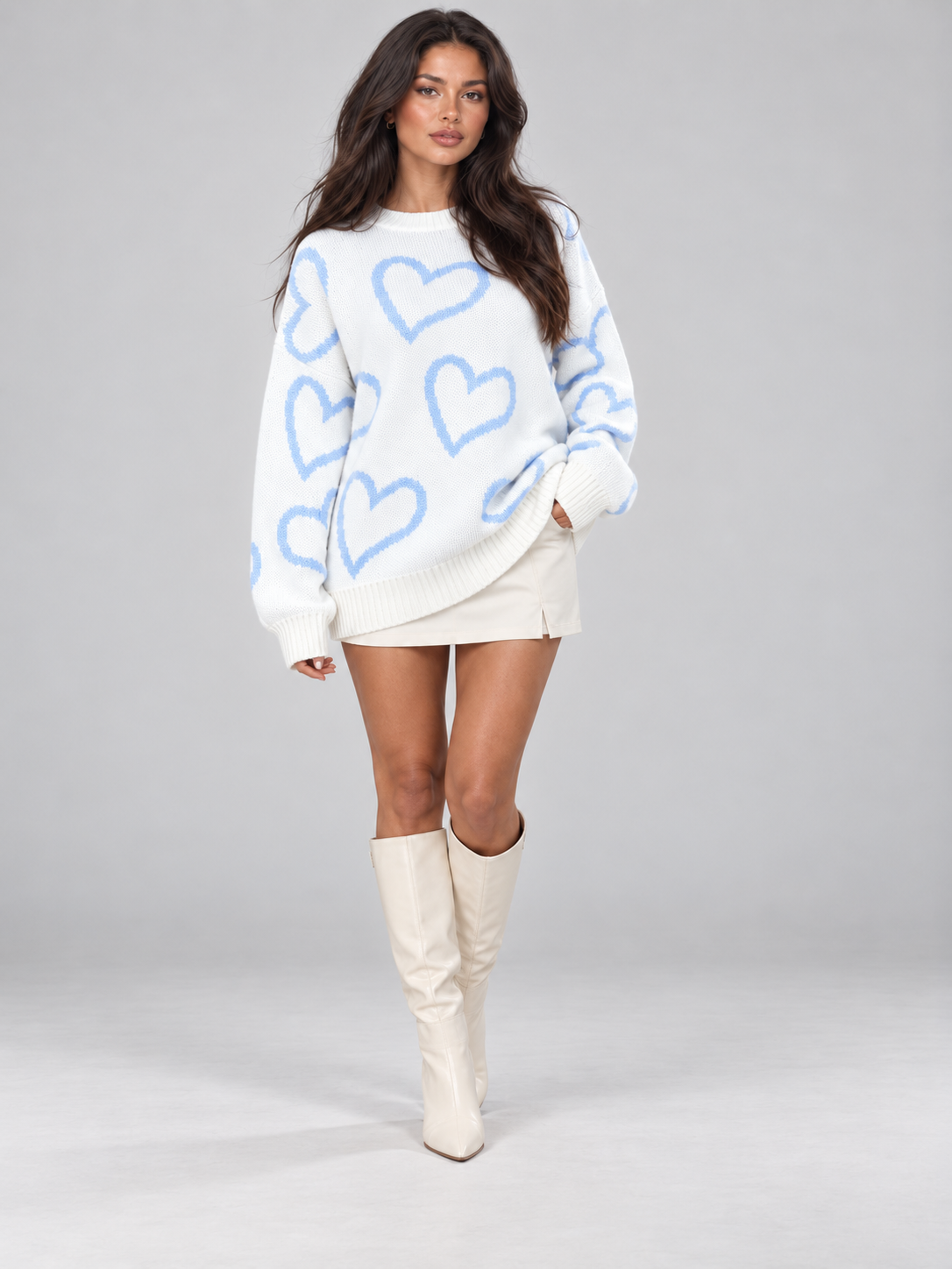 Women's Heart Print Oversized Jumper | Slouchy Crew Neck Knit