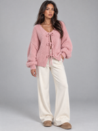 Women's Tie Front Knit Cardigan | Balloon Sleeve Open Knit
