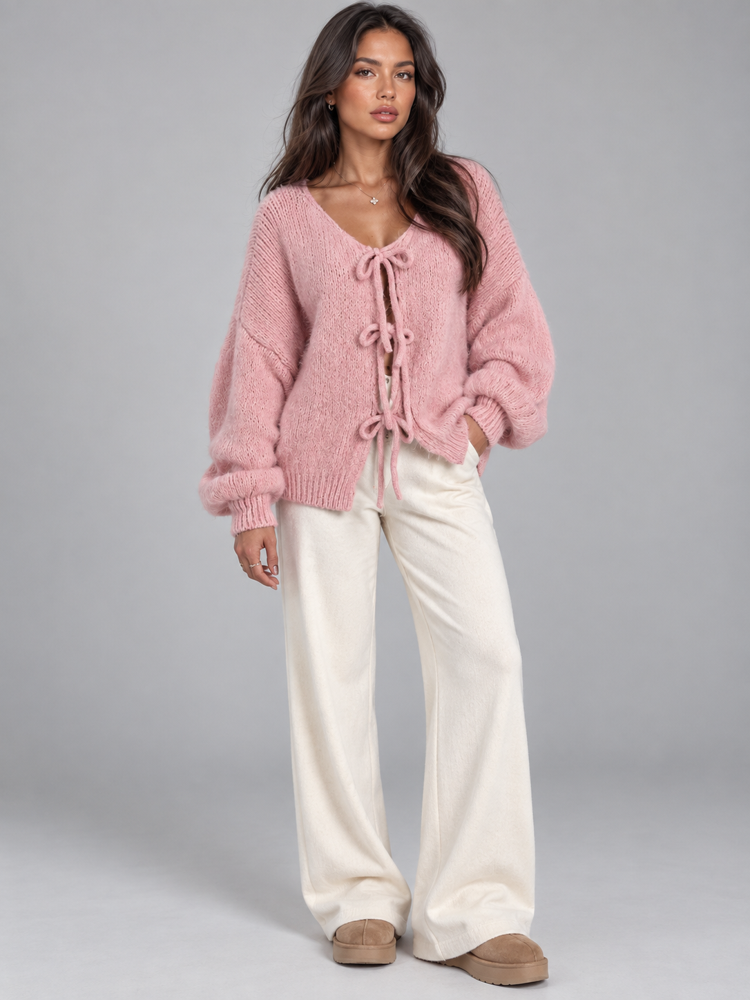 Women's Tie Front Knit Cardigan | Balloon Sleeve Open Knit