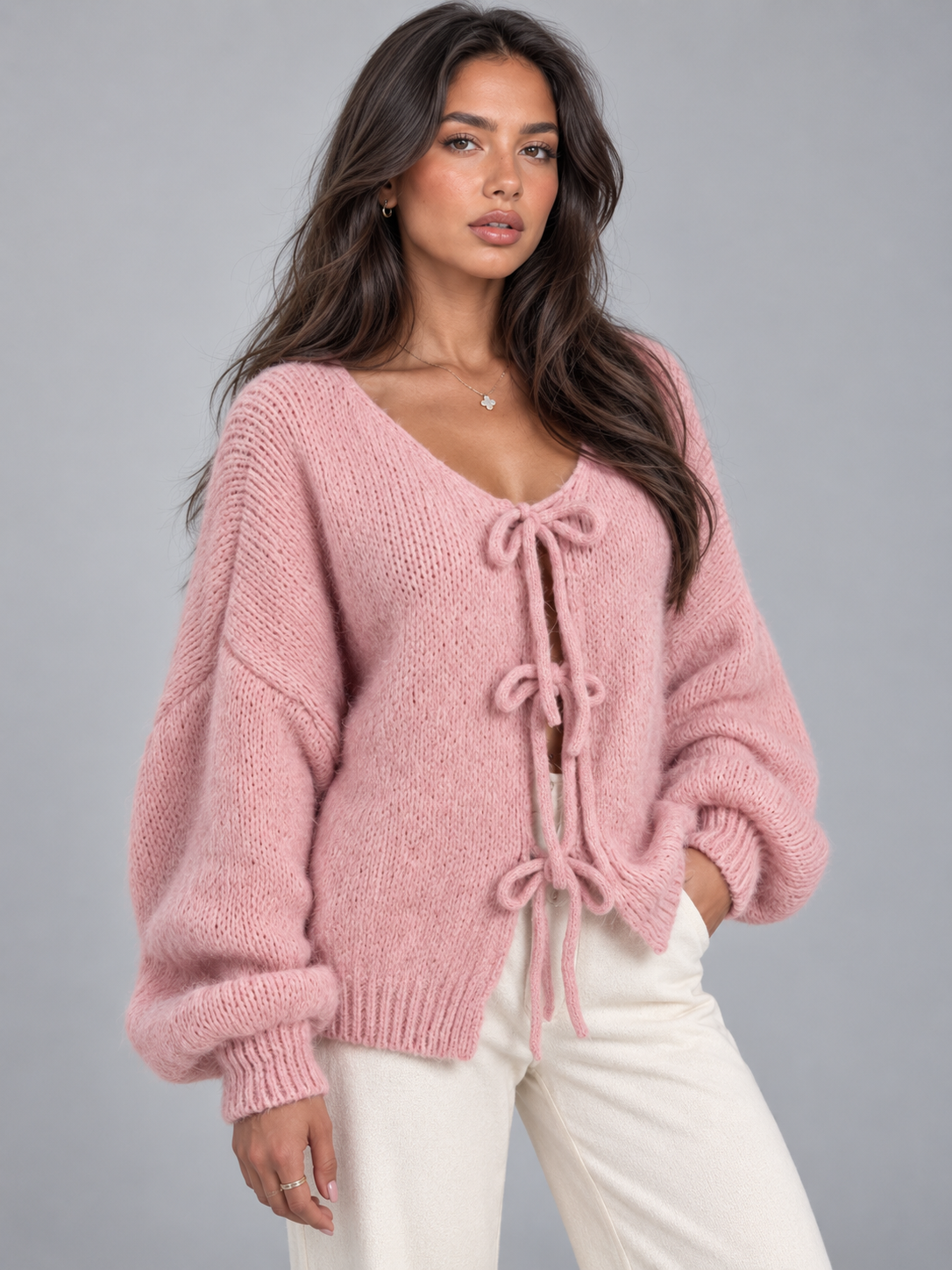 Women's Tie Front Knit Cardigan | Balloon Sleeve Open Knit