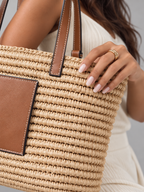 Women's Woven Straw Tote Bag | Leather Trim Basket Bag