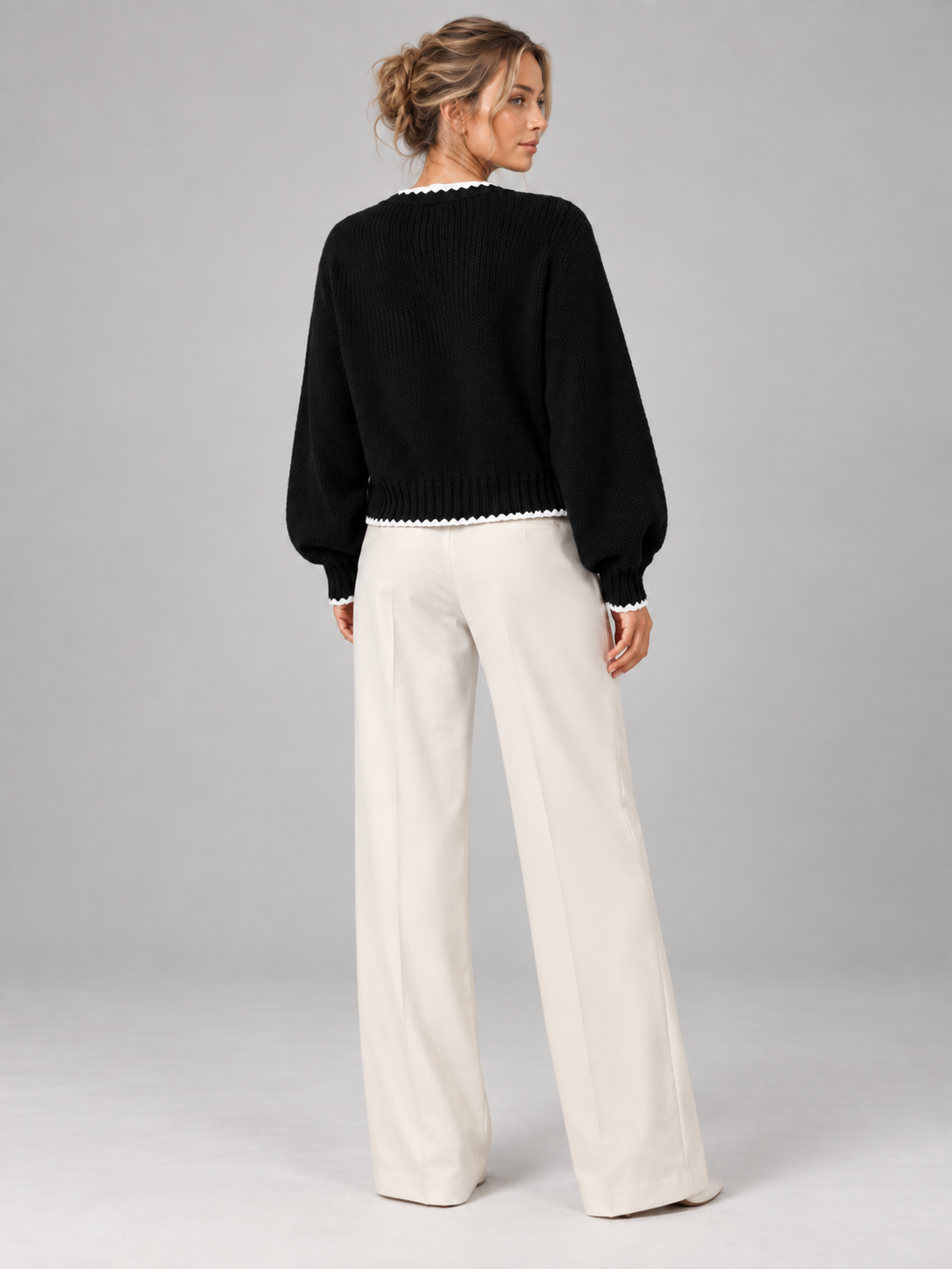 Women's Scalloped Trim Cardigan | Bow Front Contrast Knit