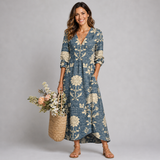 Women's Navy Floral Linen Midi Dress