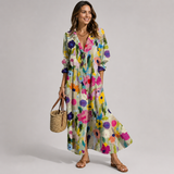 Women's Linen Maxi Dress - Blue Leaf Print