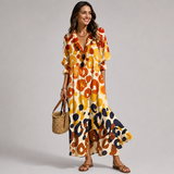 Women's Linen Maxi Dress - Blue Leaf Print