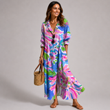 Women's Linen Maxi Dress - Blue Leaf Print